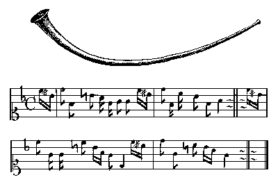 Woodcut: Alphorn with Music