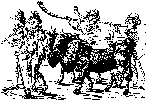 Woodcut: Alphorn Blowers with Cattle